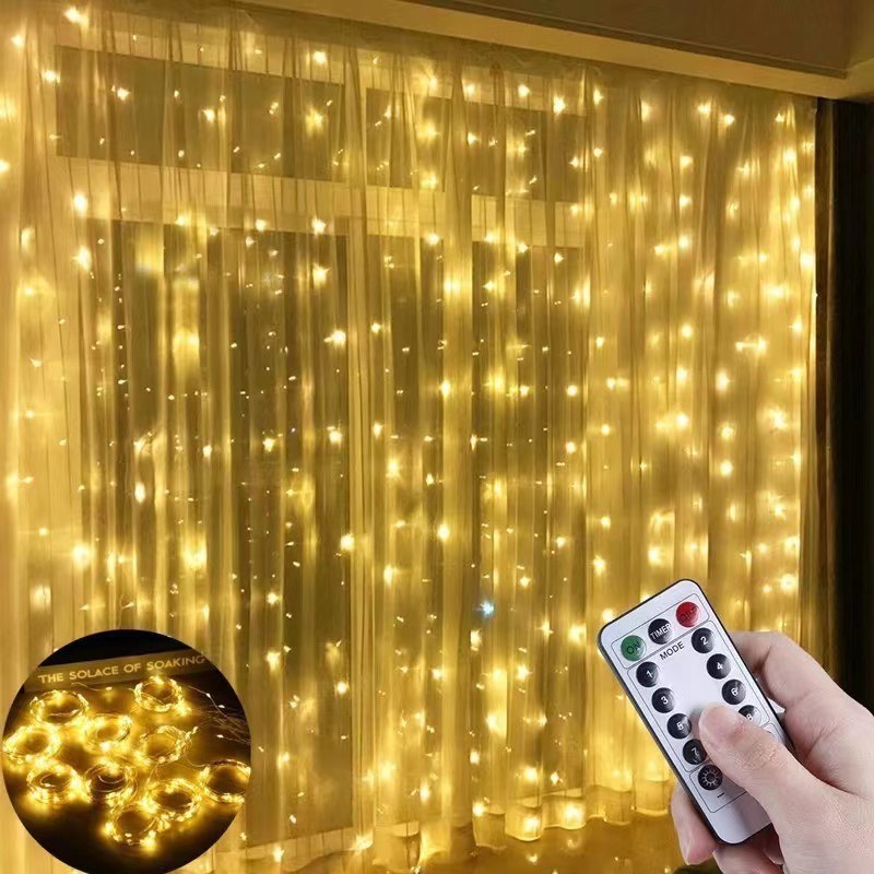 3*3m 300leds Cortina de LED Branco Quente com Controle Remoto para Festa e Decoração