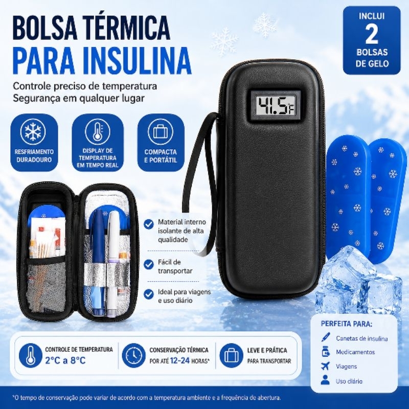 Bolsa Estojo Termica De Insulina Com Display De Temperatura Para Medicamentos Com 2 Barra ...