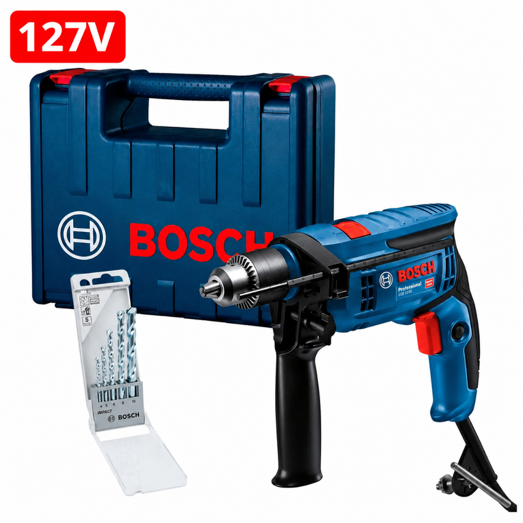 Furadeira de Impacto Bosch GSB 13 RE 750W 127V com Kit 5 Brocas e Maleta Resistente