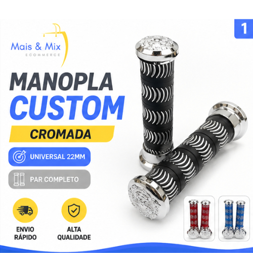 Manopla Moto Custom Universal Cromada Preta Vermelha Azul Guidão 22mm Par