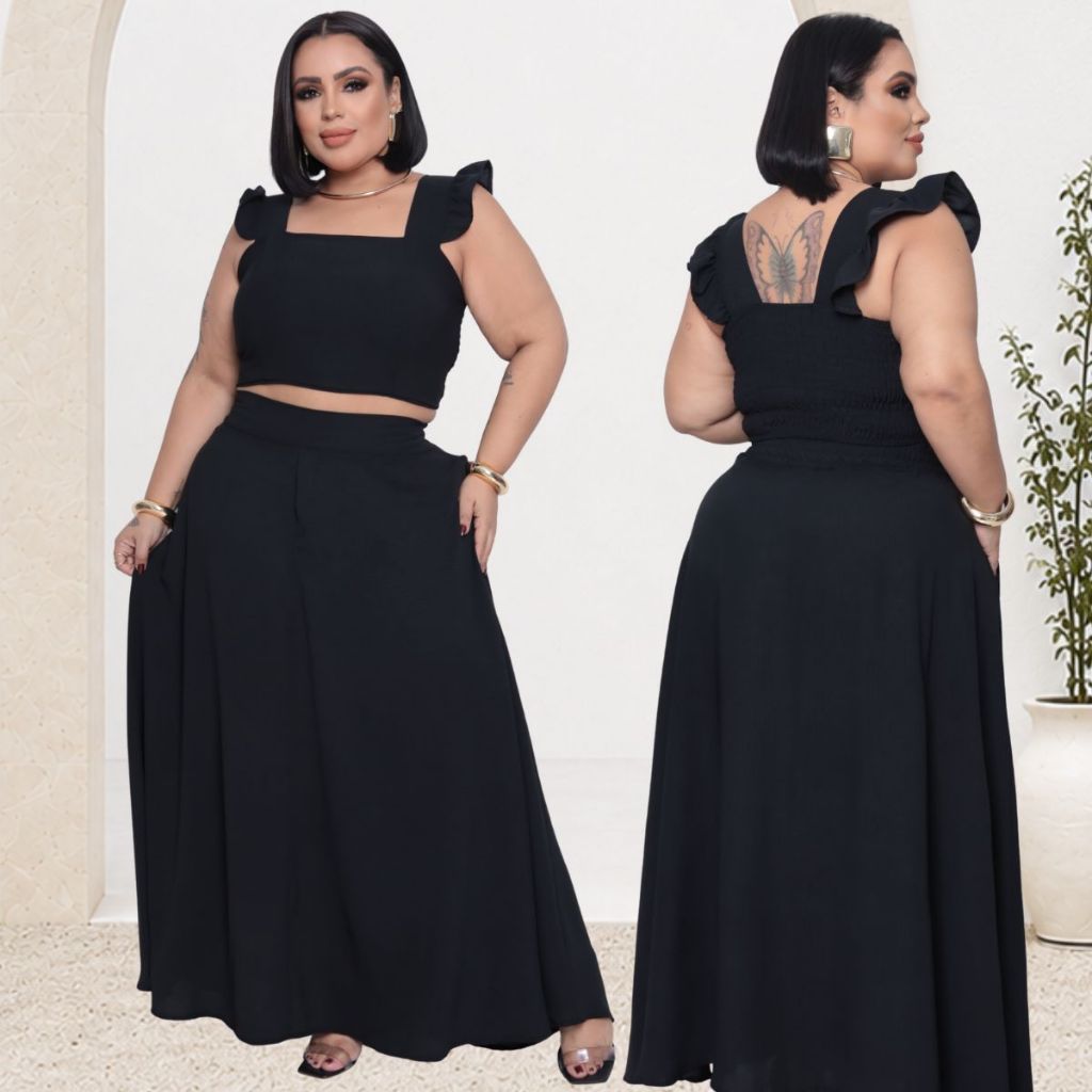 Conjunto Plus size Moda maior curve  feminino de saia longa  godê rodada sem bolso e cropped de alça tecido crepe dunas.