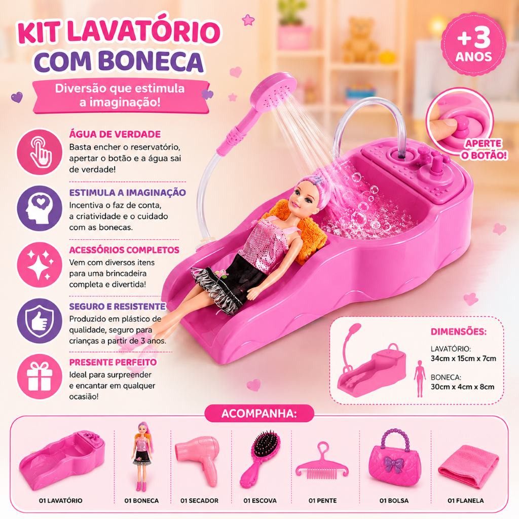 Kit Mini Salão Beleza Boneca Shampoo Cabelereiro Infantil Rosa