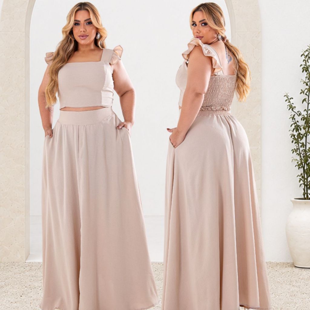 Conjunto Feminino de saia godê longa rodada e cropped de alça babado e decote quadrado tendencia verão casual Plus Size