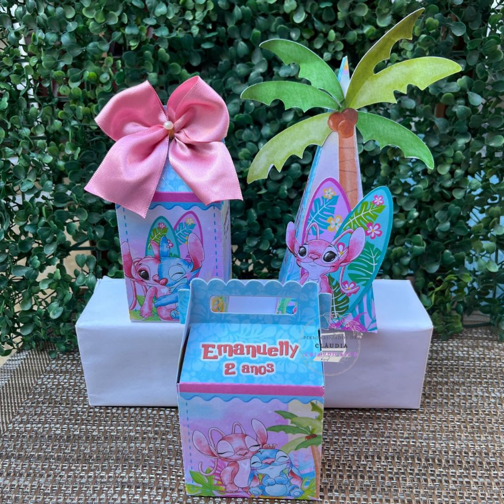 Lembrancinha caixinha personalizada Stitch e Angel Aquarela aniversario kit festa mimos decoração de aniversario stitch