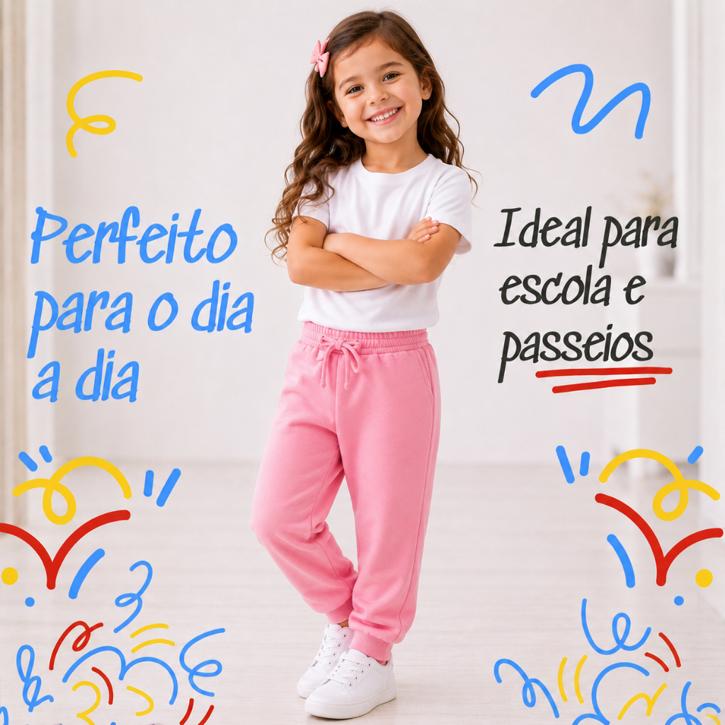 Detalhes do Kit 3 Calças Moletom Peluciado Infantil Com Punho Menina Inverno Creche Escola
