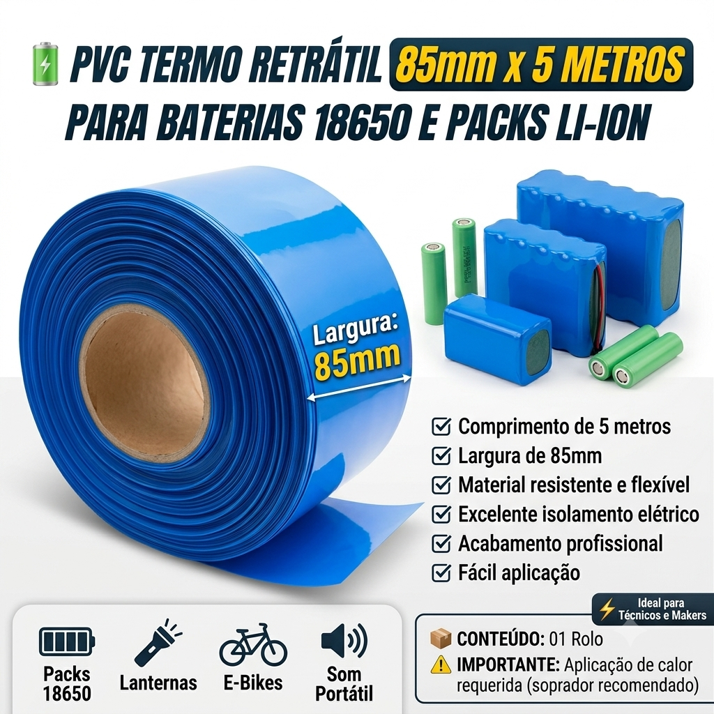 PVC Termo Retrátil 85mm X 5m Para Bateria 18650 Li-ion Pack Azul