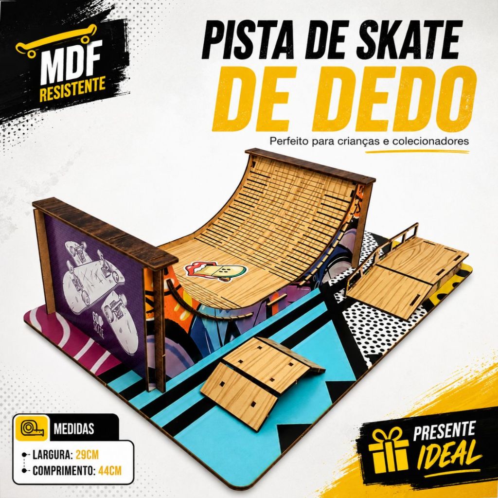 Pista Skate De Dedo Em Mdf Adesivo Colorido C/ Três Rampas Para Manobras