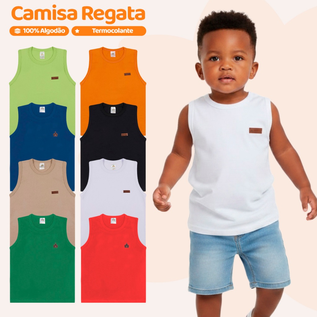 Kit 5 ou 3 Regatas Infantil Menino Básica Lisa Camiseta Sem Manga Masculino Verão Criança Algodão Casual Escolar Kids