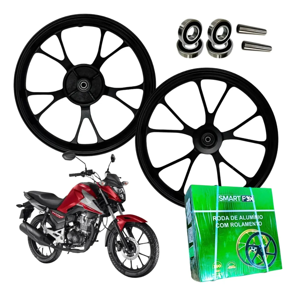 Par Roda Liga Leve Smart Fox Preta 5 Palitos Honda CG 160 Titan 2025 Em Diante Fan Start Freio Disco