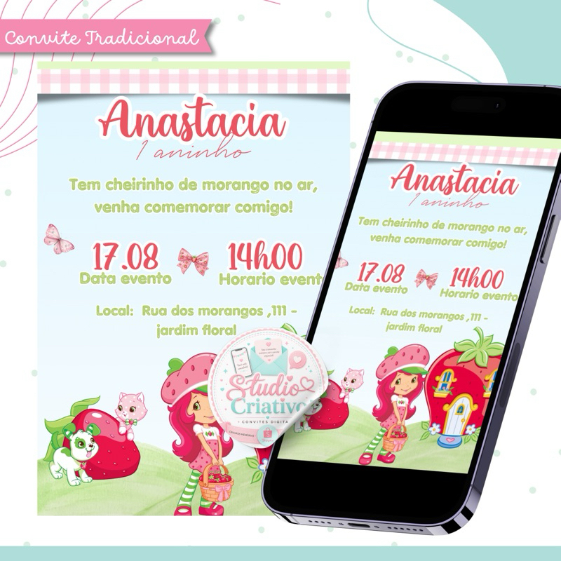 Convite Digital Personalizado Infantil | Moranguinho| Entrega Rápida via E-mail