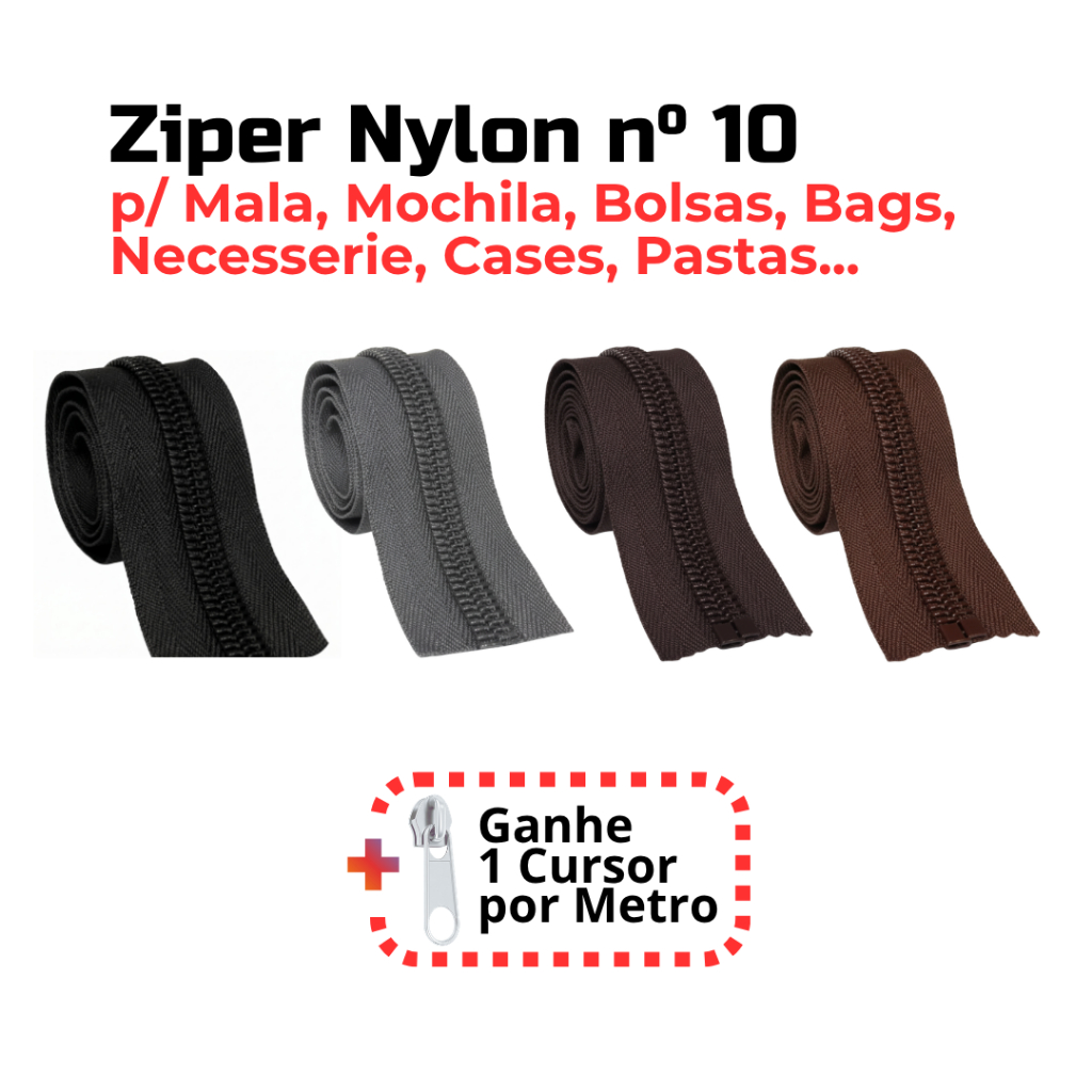 Ziper nº10 para Mala, Bolsa, Mochila, Bags, Necesserie. Cor Preto, Marrom, Café e Cinza