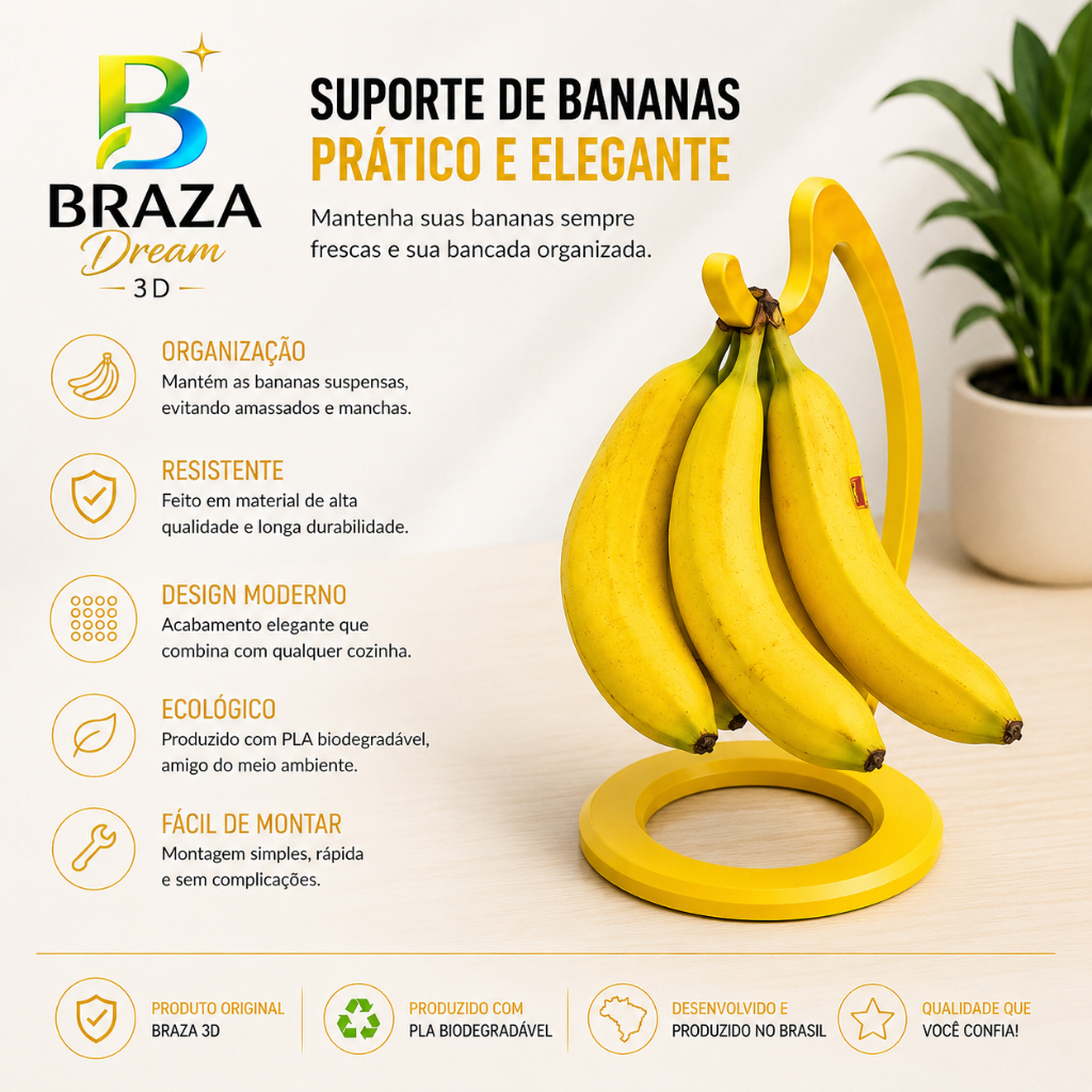 SUPORTE DE BANANA - Porta Banana Decorativo 3D, Resistente e Sofisticado, Organizador de Frutas para Cozinha.