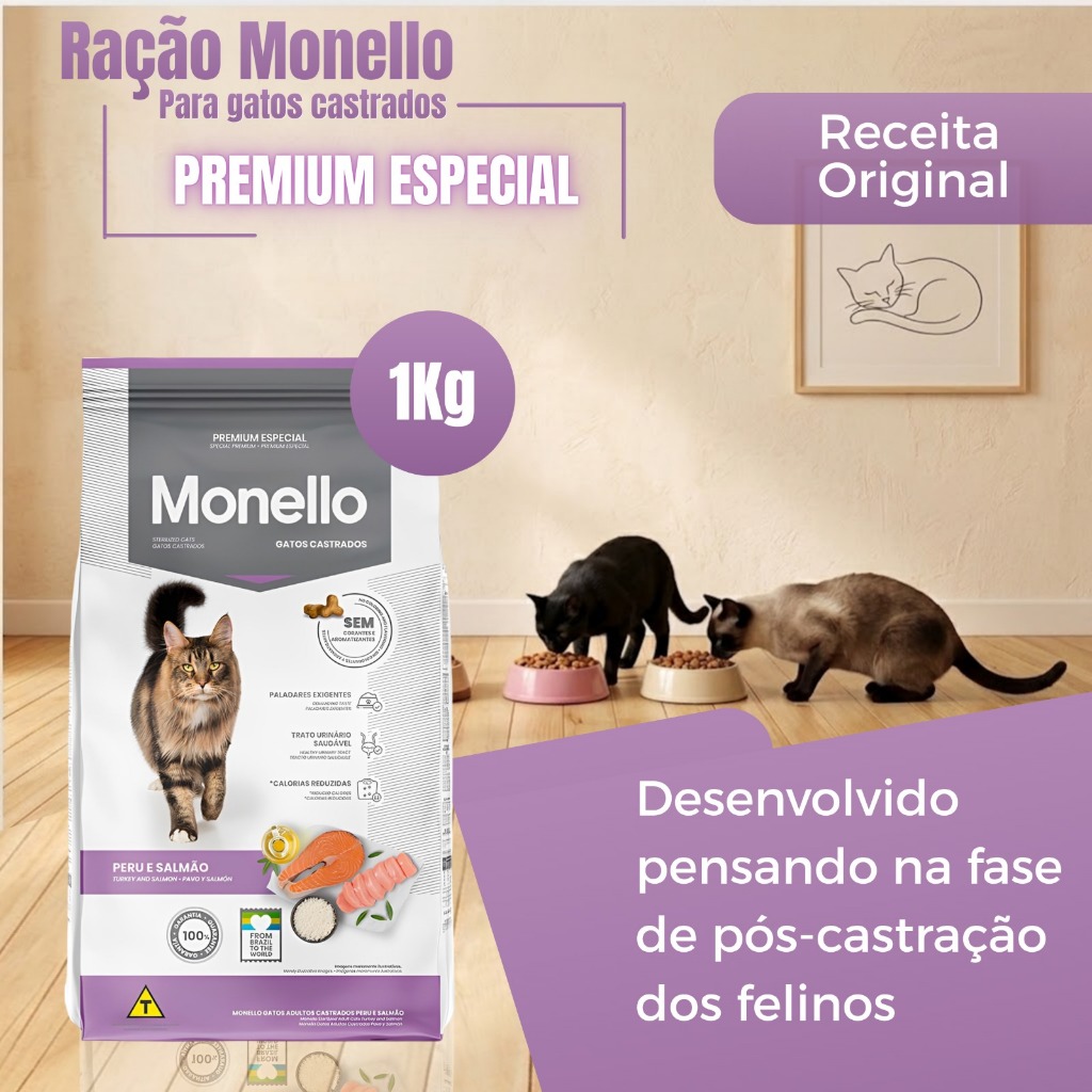 Ração Monello Para Gatos Castrados Sabor Peru e Salmão  Premium Especial 1kg