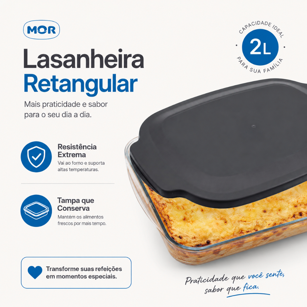 Lasanheira Travessa com Tampa 2L Assadeira Retangular Funda Grande Forma de Vidro Mor Antiaderente