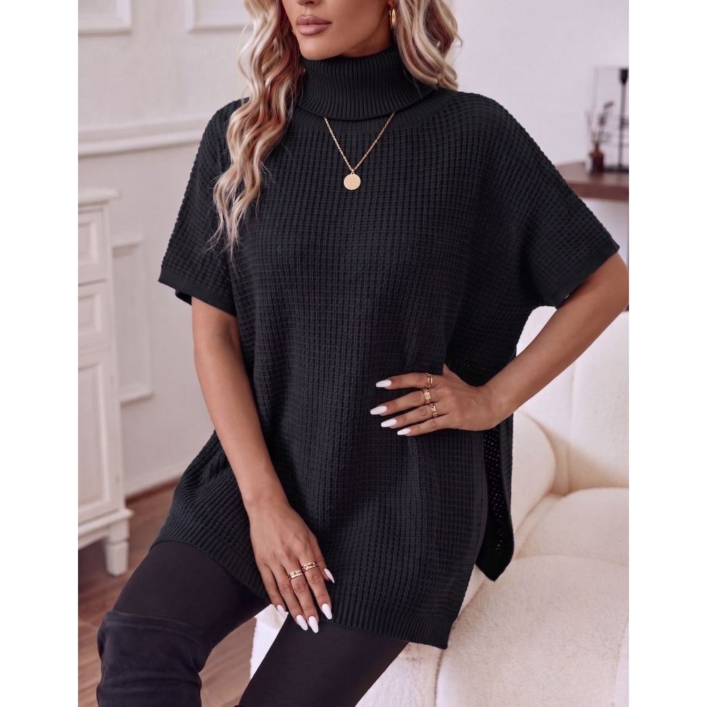 Poncho Casaco Capa Feminino Tricot Texturizado Gola Alta Inverno Lã Estilo Moderno Blogueira