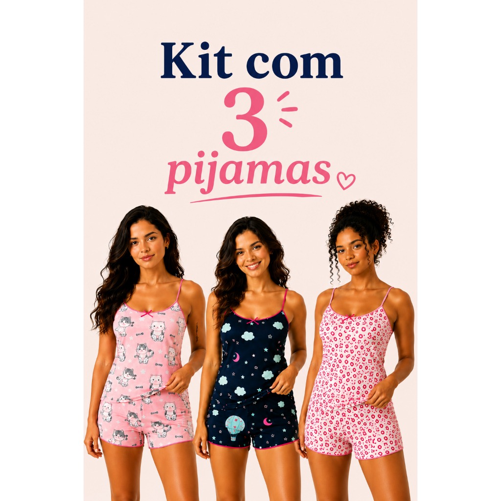 Kit com 3 Pijamas Baby Doll Feminino Estampados Leve e Confortável -- SUPER PROMOÇÃO --