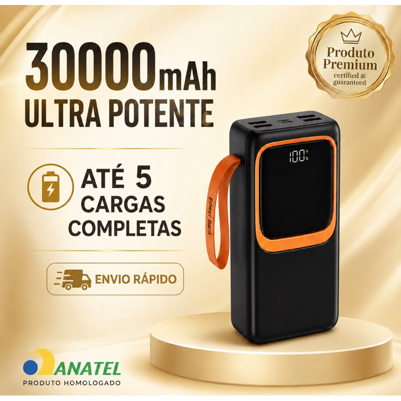 Power Bank 30000mAh 66W Super Rápido Alta Capacidade Portátil iPhone Android Turbo