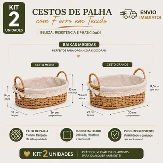 Kit com 2 Cesto de Pão de Palha com Forro – Bancada Closet Cafe manha Organização com Estilo Natural