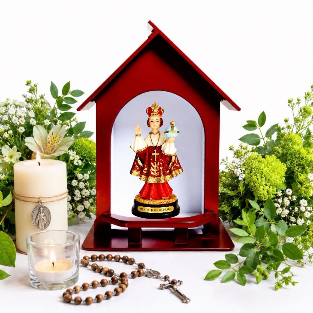 Imagem Menino Jesus de Praga Resna 15cm com Capela de Madeira Marrom Oratorio