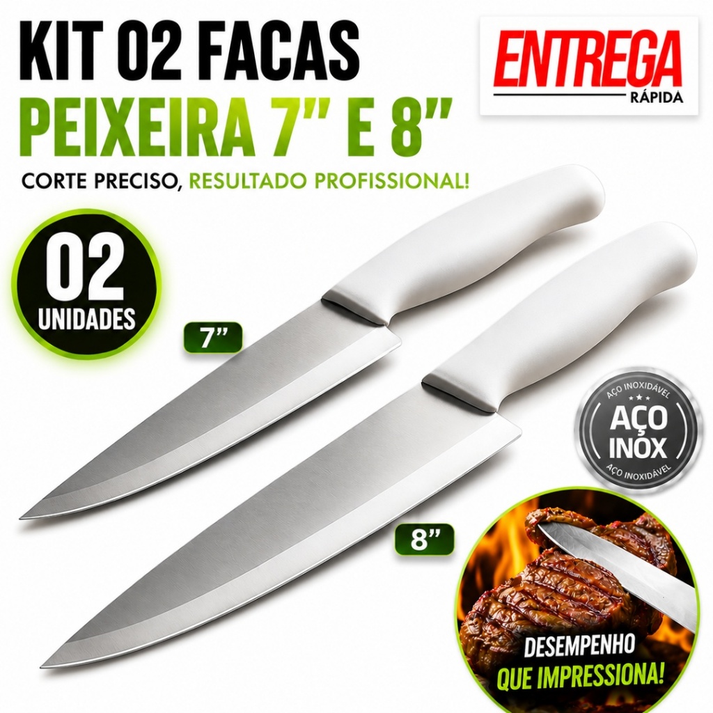 Kit 2 Facas Peixeira 7" e 8" Inox Premium Corte Profissional Para Carnes Churrasco Açougue Restaurante Alta Durabilidade