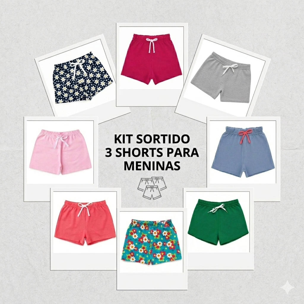 Kit 3 Shorts Infantil Menina Sortido Confortável Cós com Elástico Roupa Infantil Feminina 1 ao 3
