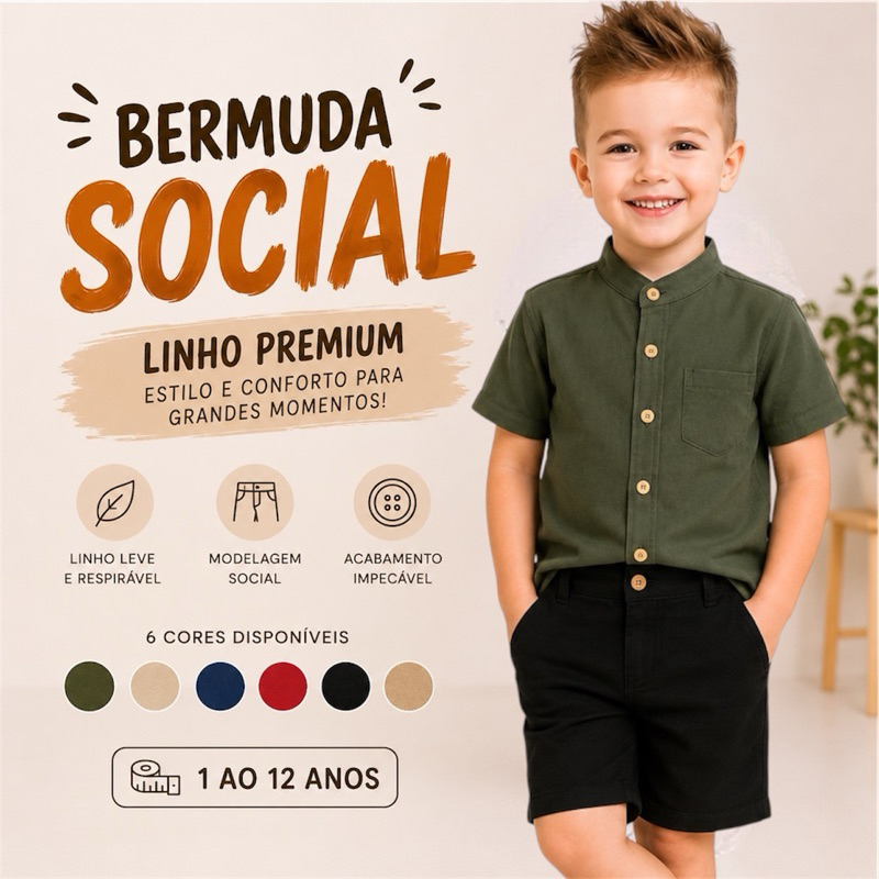 Bermuda Infantil Menino Social em Linho | Tecido elegante e leve