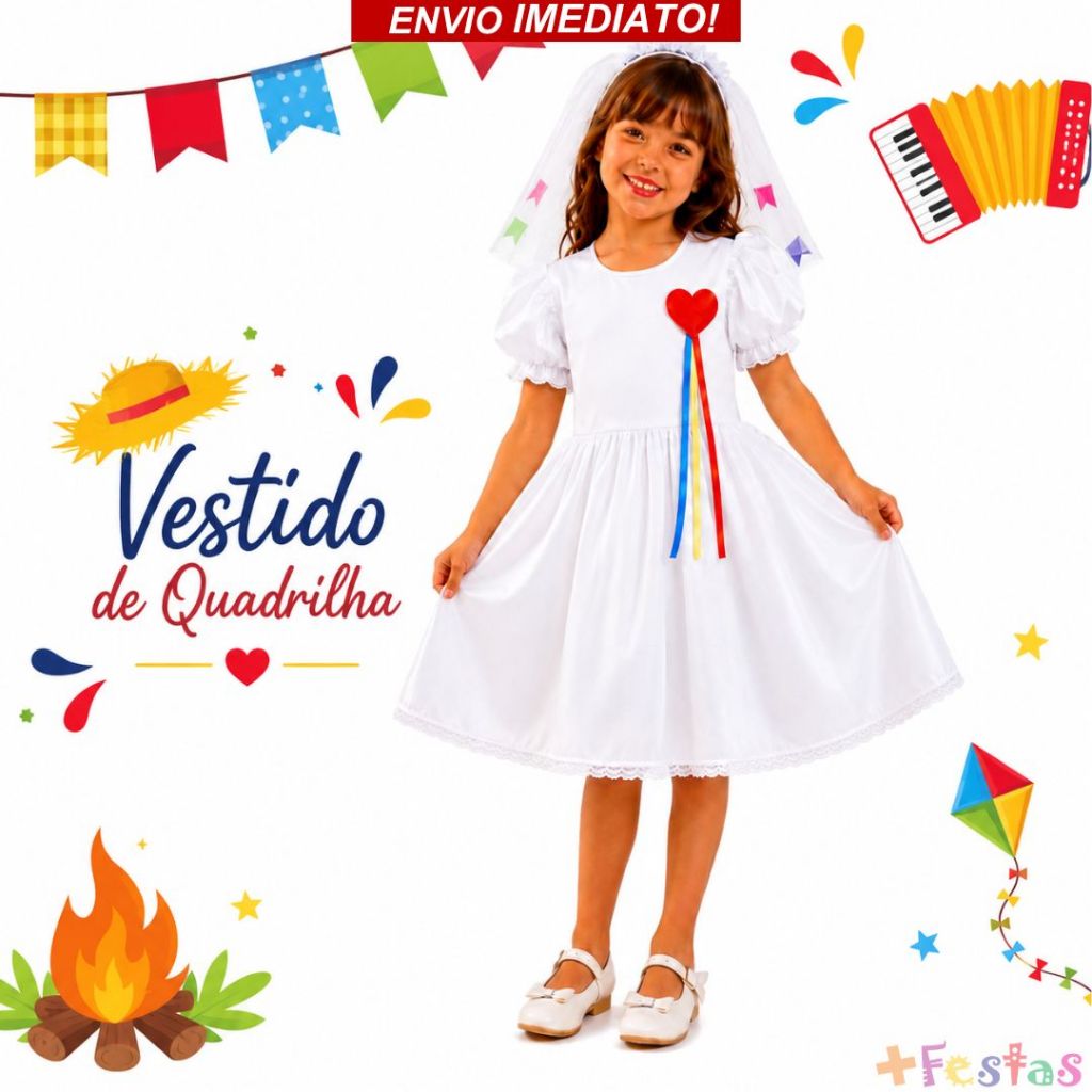 Kit Conjunto Vestido De Noiva + Tiara Véu Festa Junina Caipira Quadrilha Escola Arraial São João