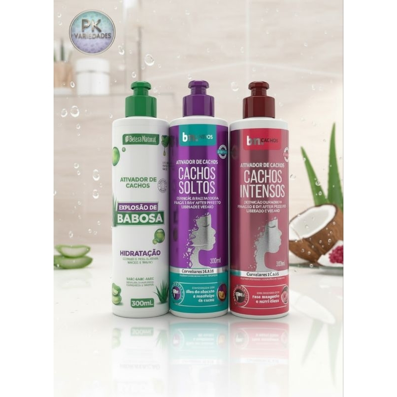 KIT 2 UNIDADES ATIVADOR DE CACHOS BELEZA NATURAL 300ML/ EXPLOSÃO DE BABOSA, CACHOS SOLTOS, CACHOS INTENSOS (ESCOLHA)