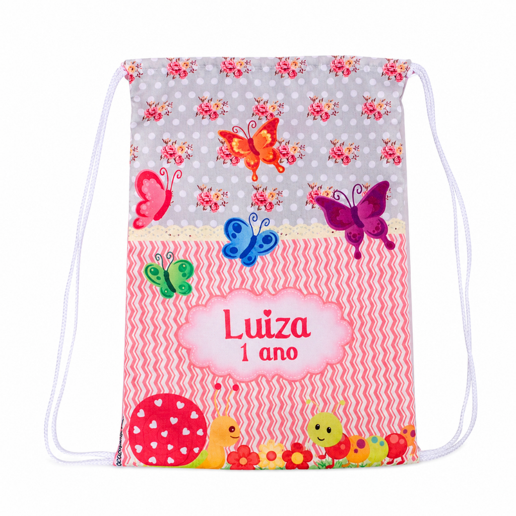 Mochilinha Surpresa Jardim das Borboletas- 10 Sacochila, Sacolinha surpresa Jardim Encantado Lembrancinha Personalizada