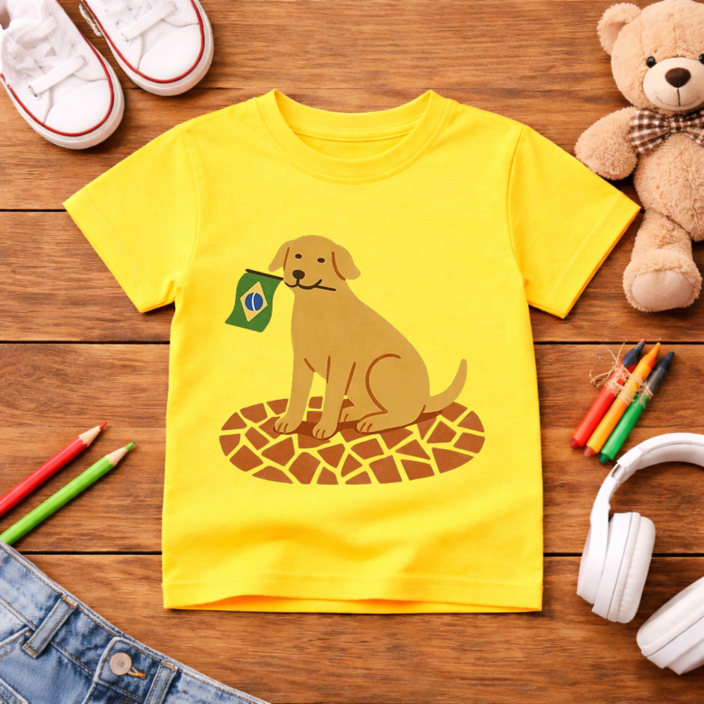 Camisa camiseta infantil Unissex Menino Menina Bandeirinha do Brasil com cachorrinho caramelo fofinho minimalista
