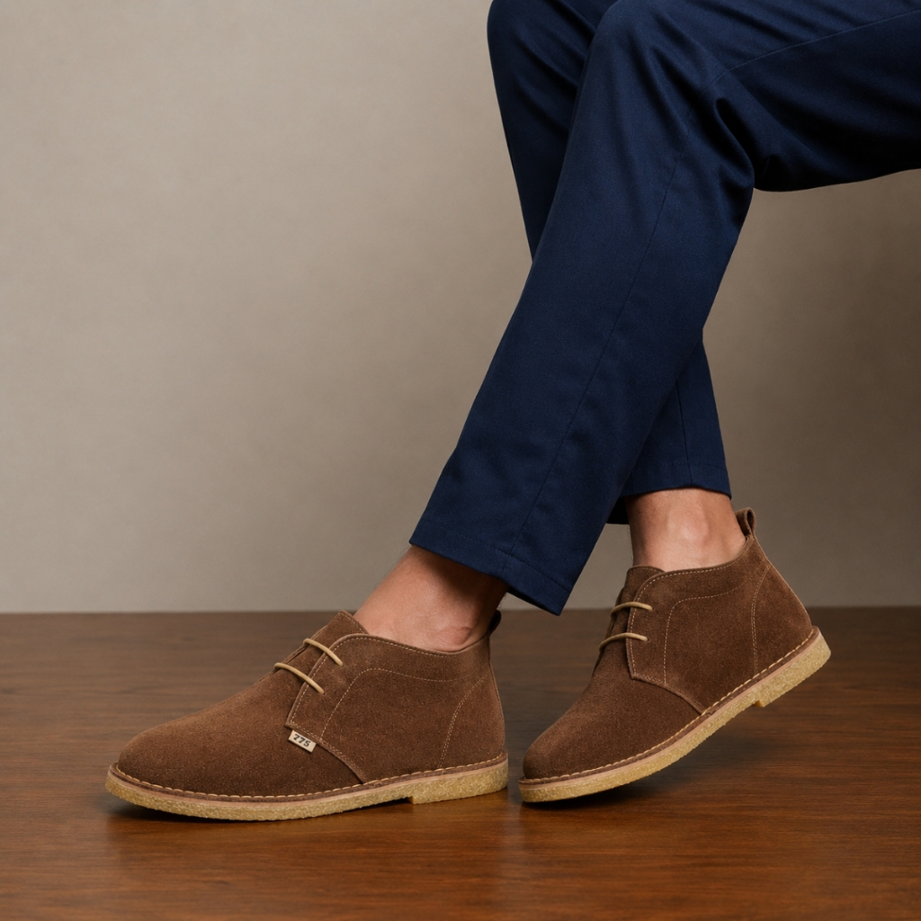 Bota Casual Couro Camurça Vintage Solado Crepe Sapato Social Cano Alto