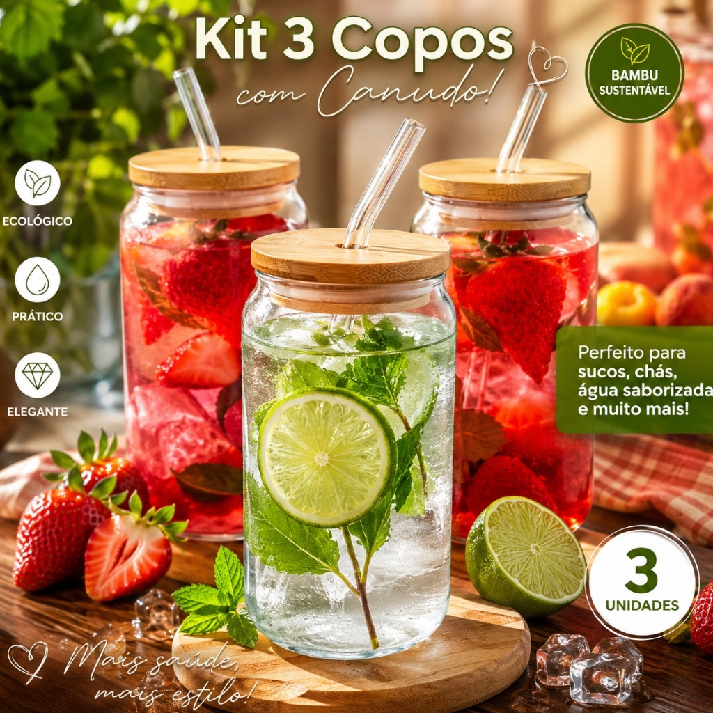 Copos De Vidro Tampa De Bambu Com Canudo 500ml Lata Drinks Bebidas Sucos Café