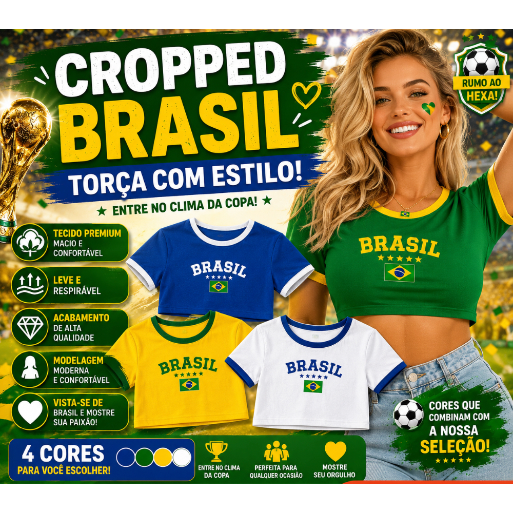Cropped Virginia Brasil Manga Curta Canelada Bordada Cropped Feminina Copa Torcida Verde Amarelo - Copa do Mundo 2026