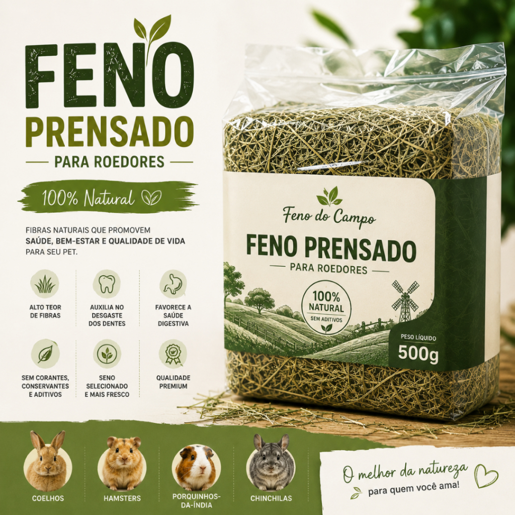 Feno Premium Natural Prensado 500g P/ Coelho Hamster Porquinho-da-Índia Chinchila Roedores