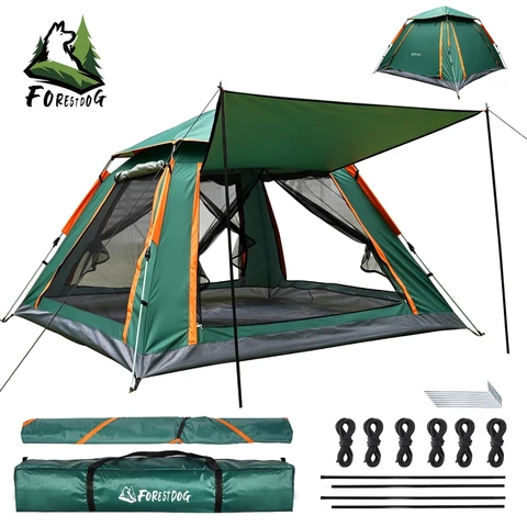 Barraca Camping Familiar 5-6 Pessoas FORESTDOG Automática Grande Com Toldo E Tela Mosquiteiro