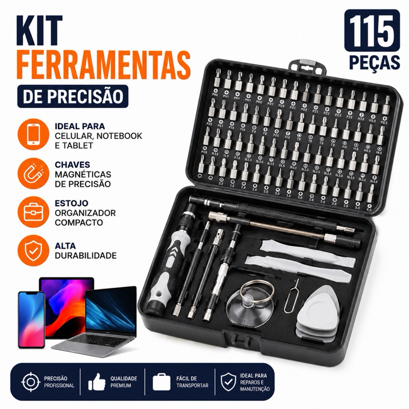 Kit Ferramentas Precisão 115 Peças Profissional Para Celular Notebook Tablet e Eletrônicos