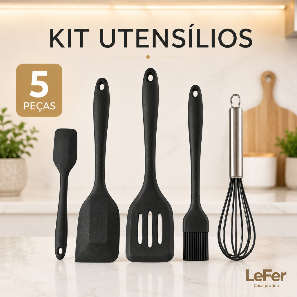 Kit Utensílios Cozinha Silicone 5 Peças Espátulas Fouet Antiaderente