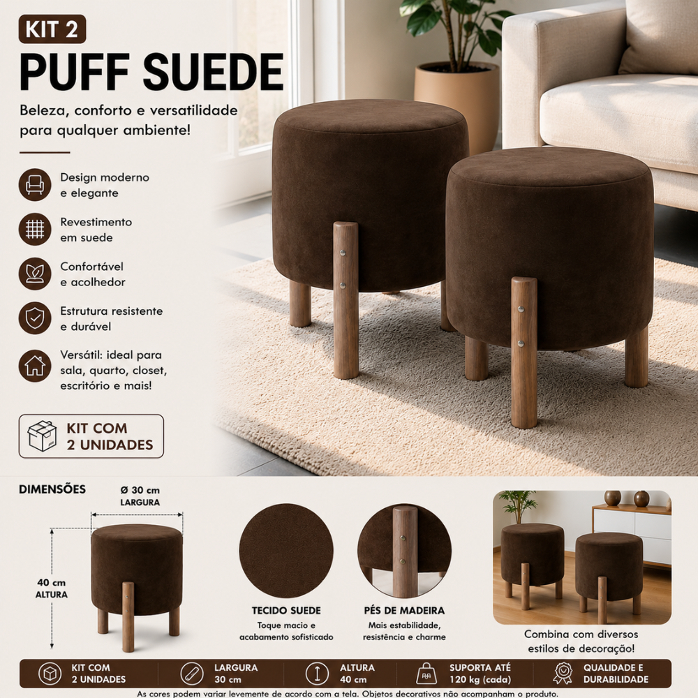 RCN SHOP Puff Banqueta Redondo Decorativo Apolo em Suede Marrom 30cm Luxo Top Premium Envio Imediato