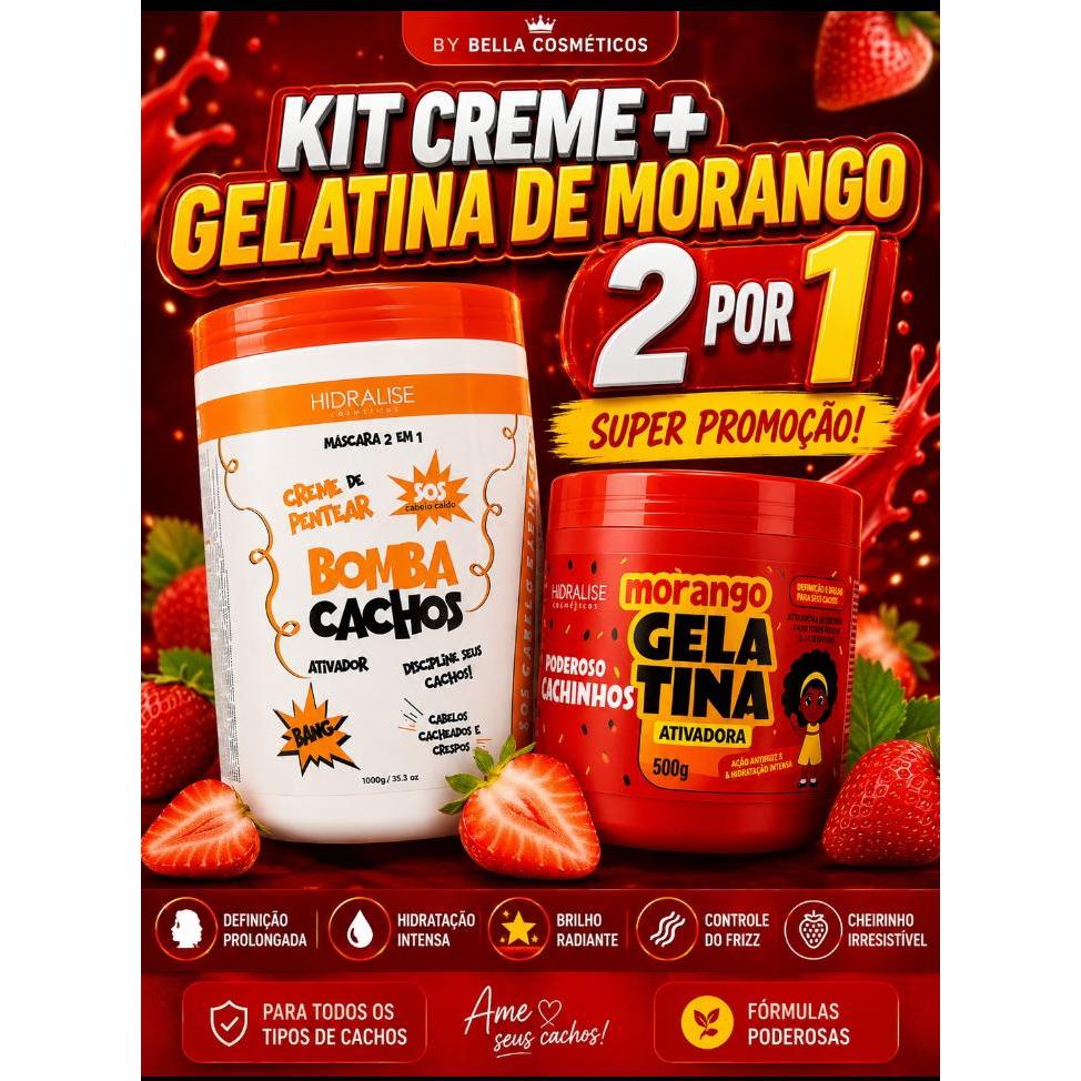 Kit Bomba Cachos 1kg + Gelatina de Morango Hidralize Super Definição de Cachos 2 por 1