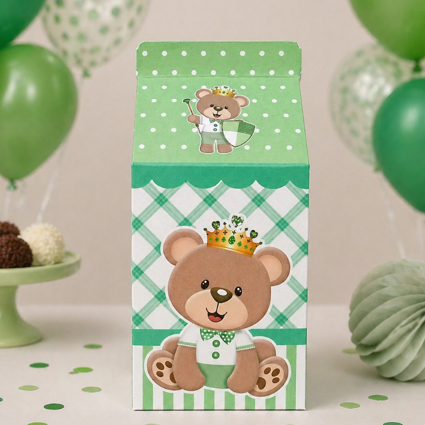 Caixinha Milk Ursinho Príncipe Verde Chá de Bebê Personalizada Lembrancinha para Festa