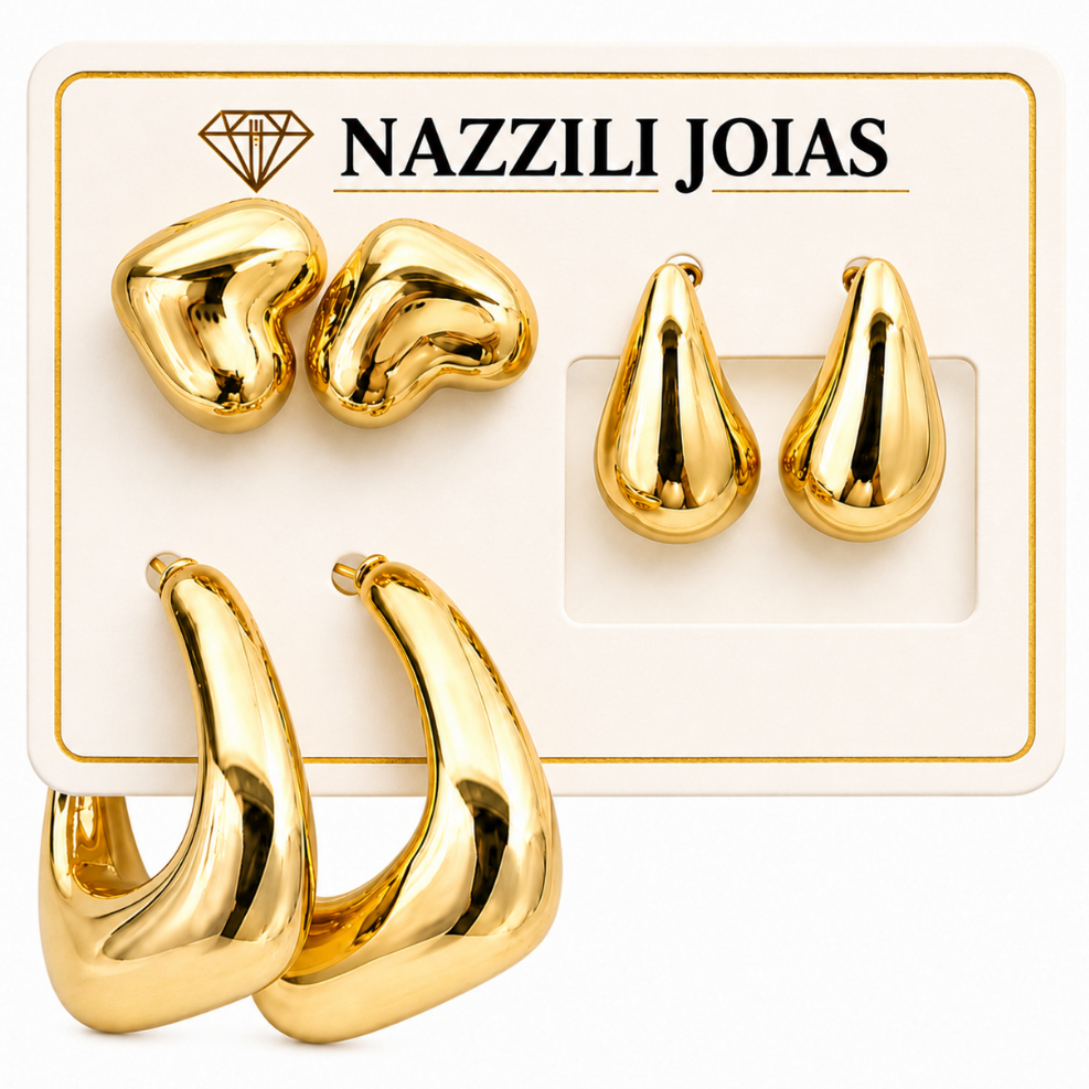 Kit 3 Pares de Brincos Dourados ou Prata Feminino Bijuteria de qualidade Elegantes de Luxo -- Argola, Gota, Coração
