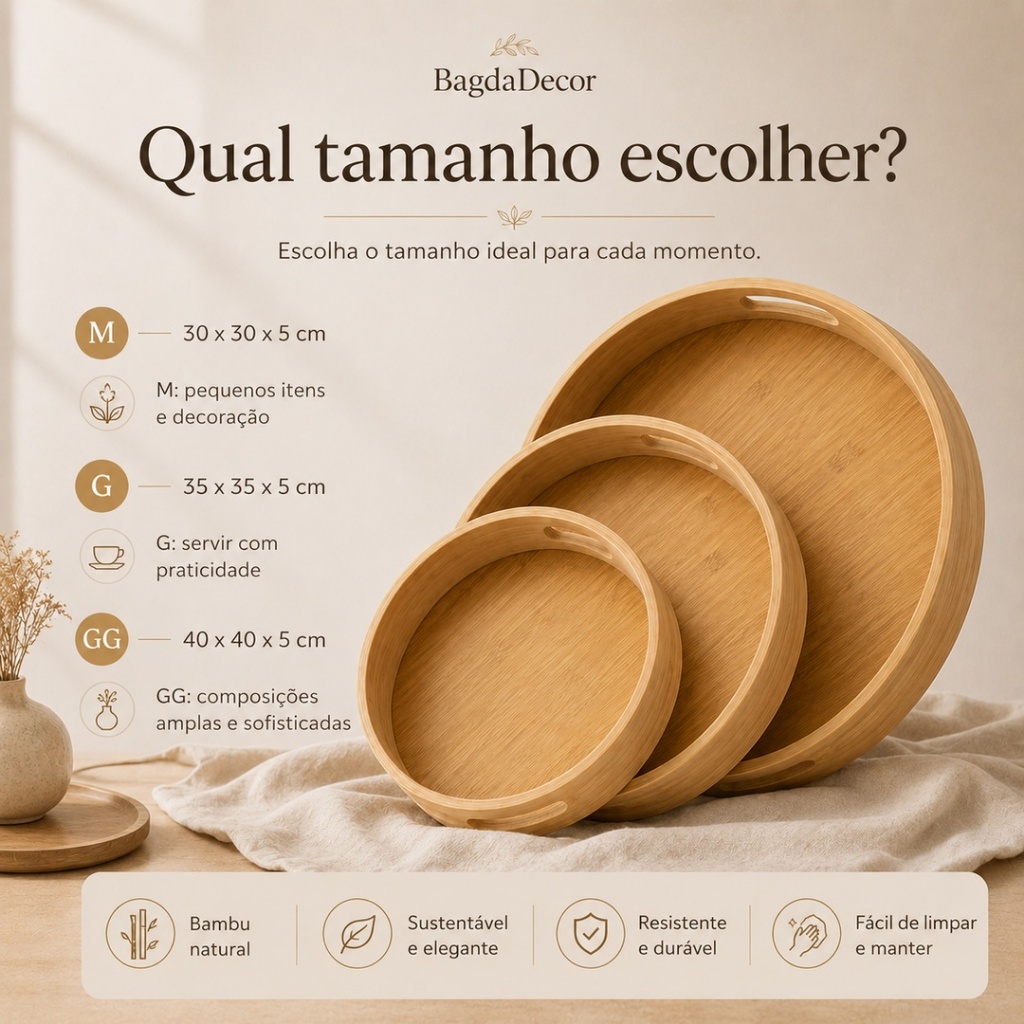 Bandeja De Bambu Redonda E Retangular Com E Sem Alça Decorativa Organizadora 11 Modelos