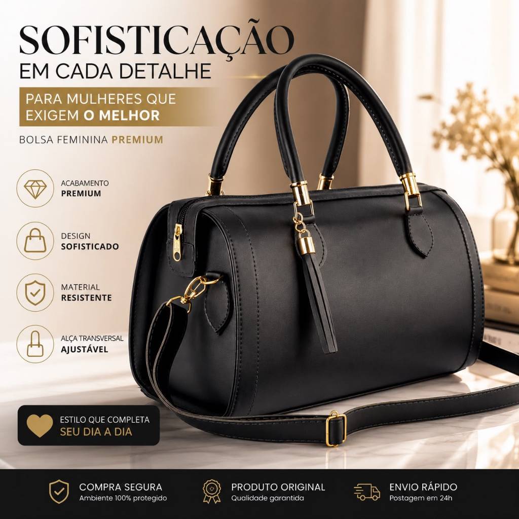 Bolsa Feminina Preta Luxuosa Estruturada Ideal para Todas Ocasiões