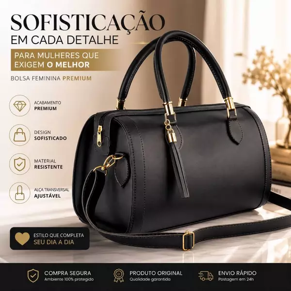 Bolsa Feminina Preta Luxuosa Estruturada Ideal para Todas Ocasiões