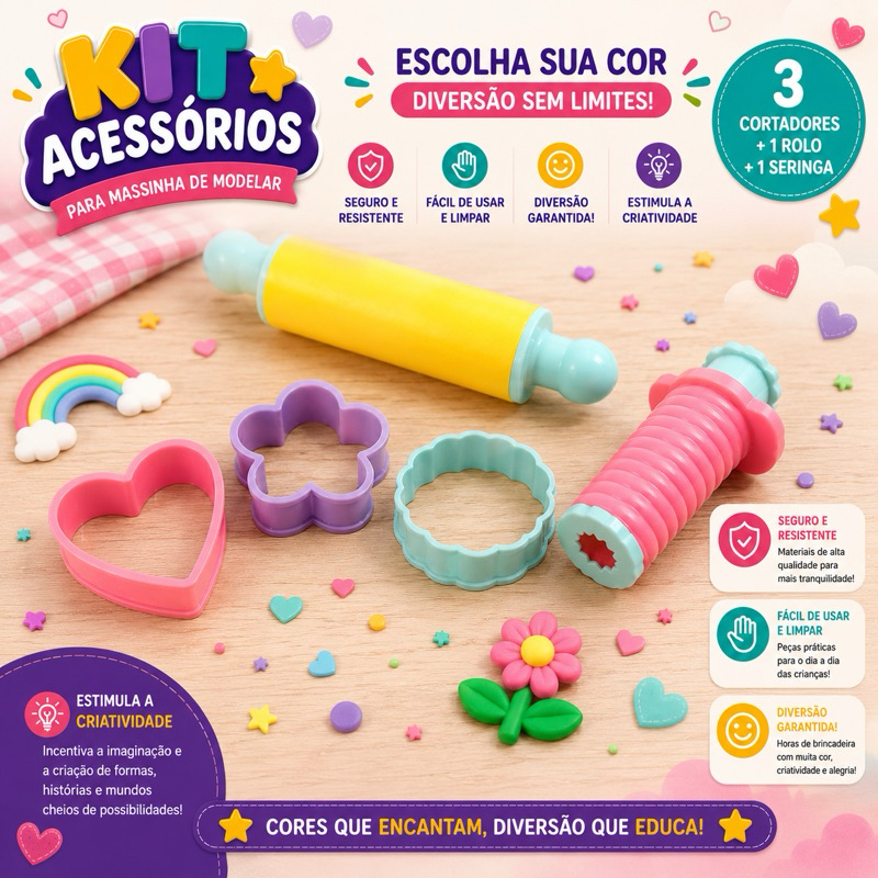 Kit Massinha Infantil com Cortadores + Rolo + Seringa Extrusora play doh cortador