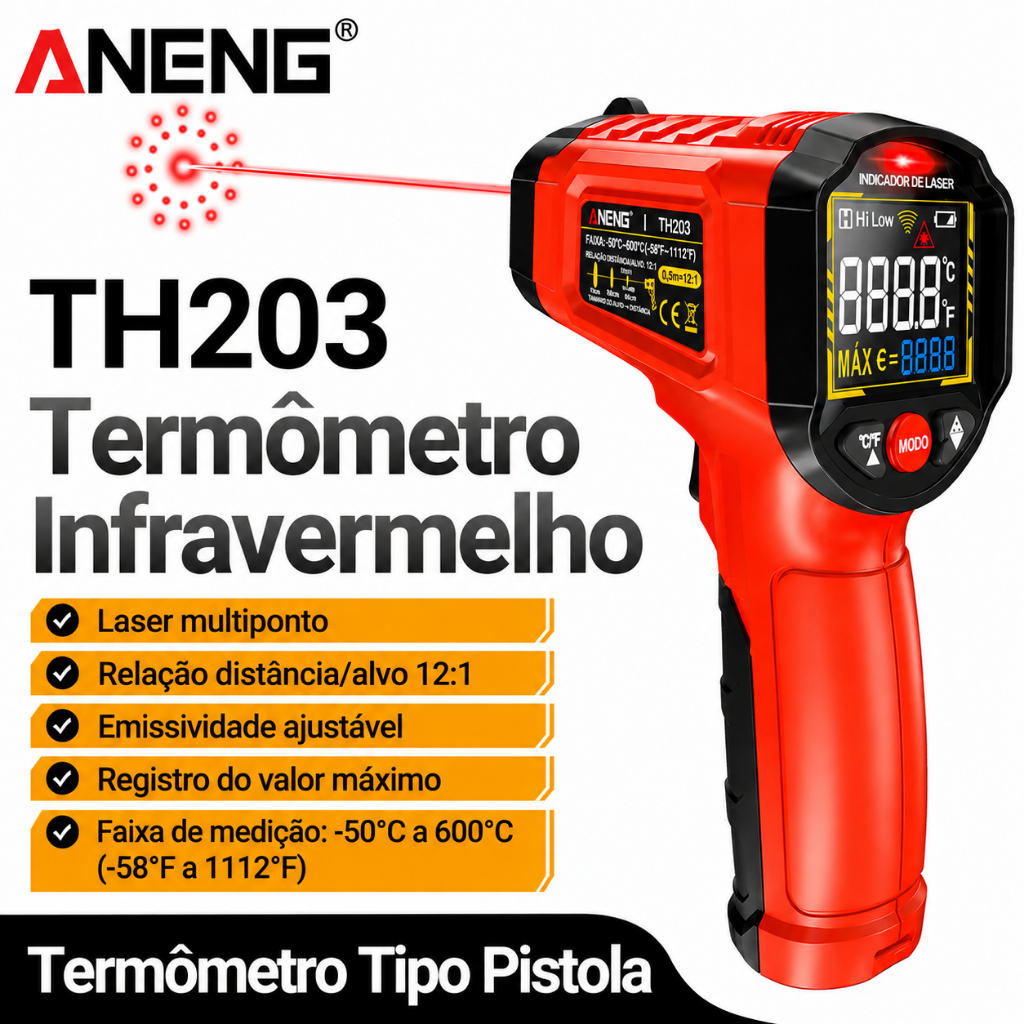 Termômetro infravermelho digital ANENG TH203 -50 ~ 600 ºC Medidor de temperatura - Vermelho