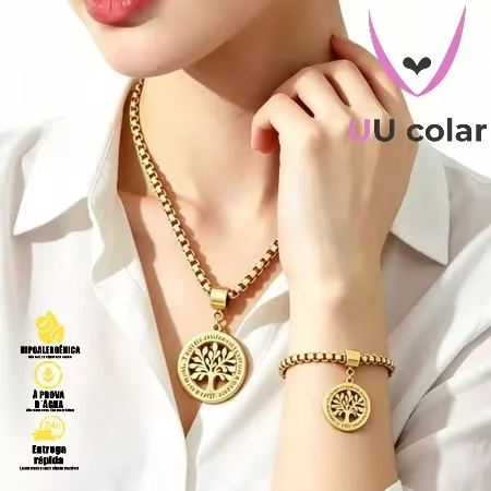 Conjunto Feminino Fashion: Colar e Pulseira em Aço Inoxidável Banhado a Ouro