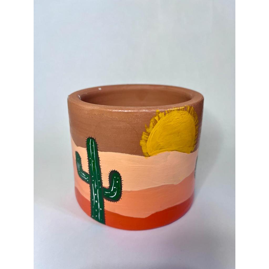 Vaso de Barro Cerâmico Decorado a Mão com Pintura de Cacto do Deserto - Decoração Artesanal, Criativa e Única