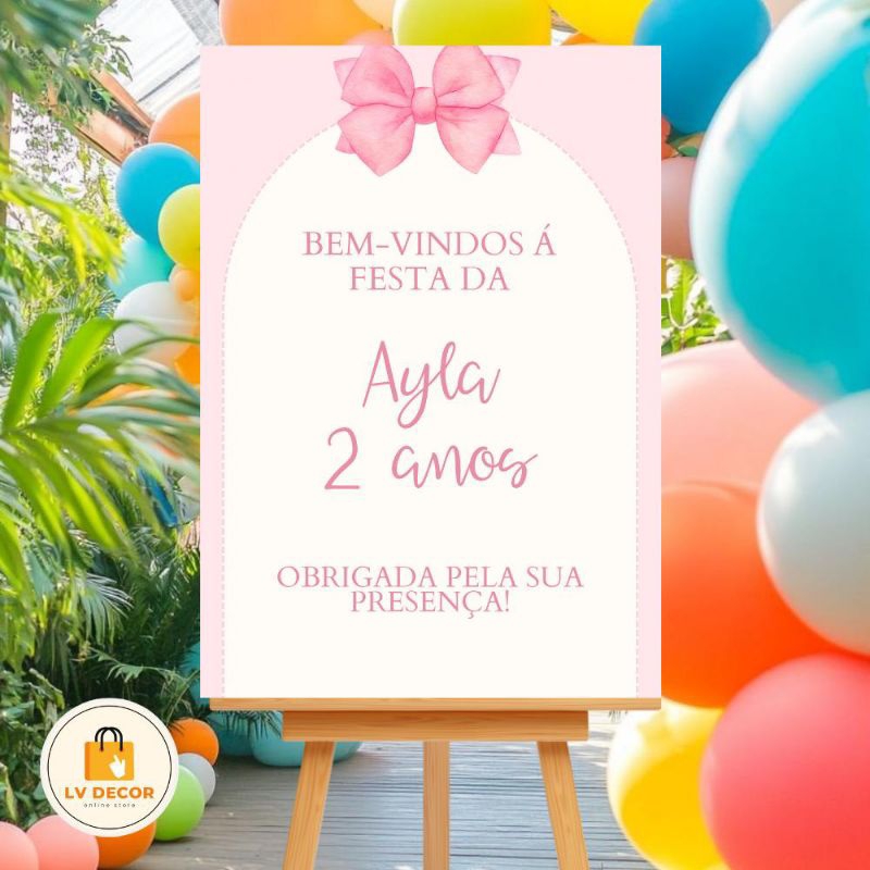 Placa Decorativa Festa Aniversário Personalizada Laços Rosa