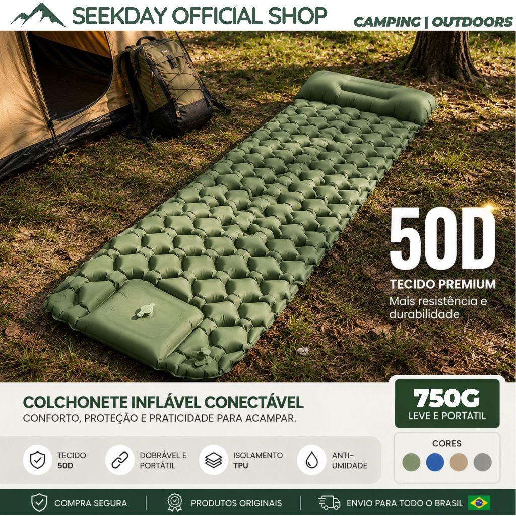 Seekday Colchao Colchonete Inflavel Solteiro Camping Casal Conectavel Automatico Bomba Embutida Tecido TPU Impermeável
